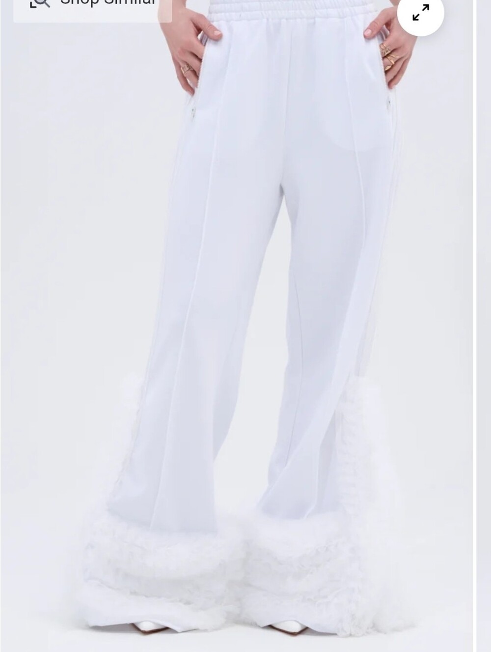 White Wide-Leg Faux Fur Trim Track Pants